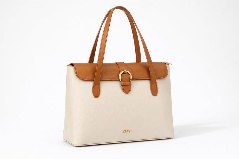 KLEIO Office 15 Inch Tote Laptop Handbag for Women - Cream - Image 2